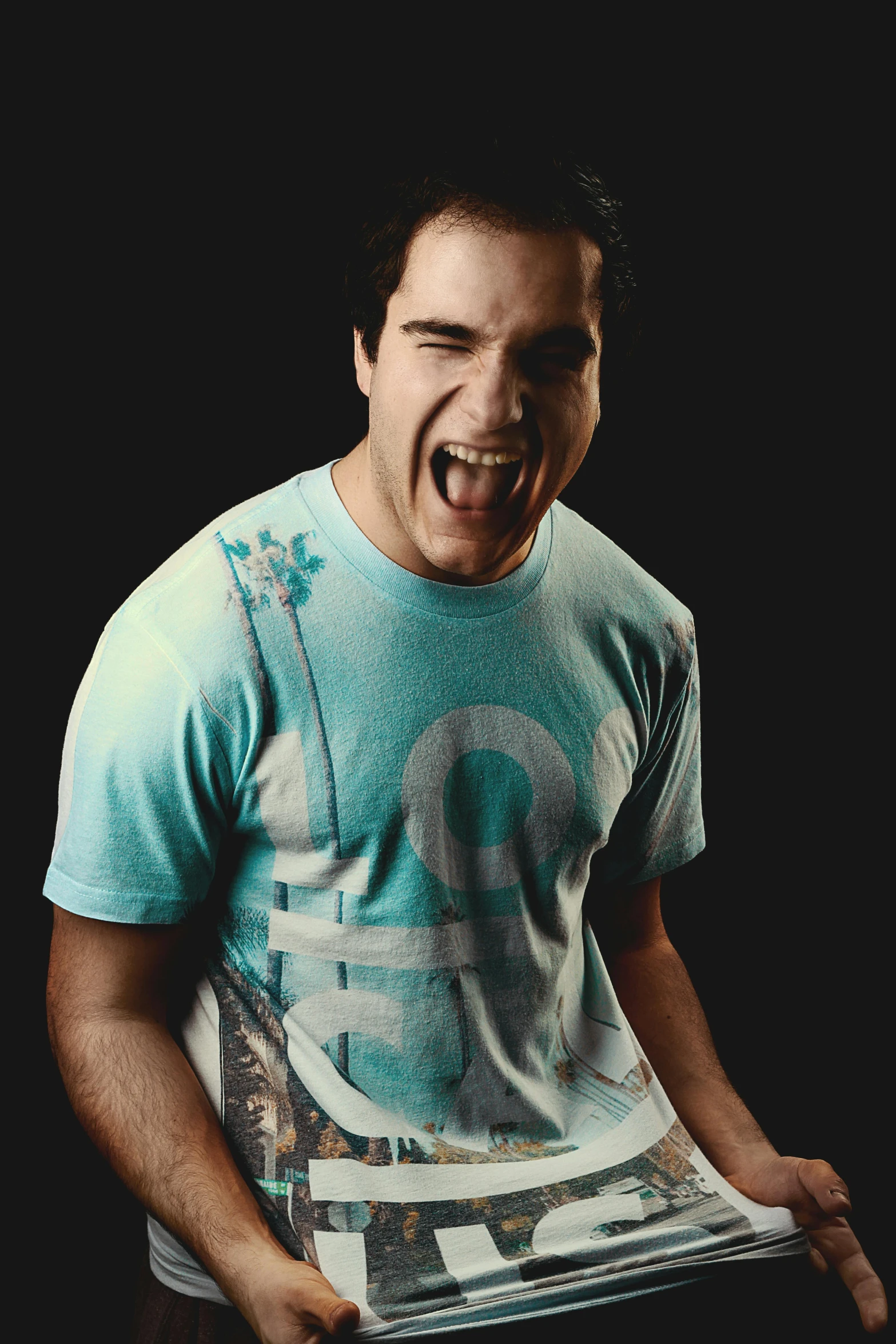 a man holding a magazine with his mouth wide open, an album cover, inspired by Camilo Egas, deviantart, pudge from dota 2, wearing a tee shirt and combats, headshot photo, hard lighting!