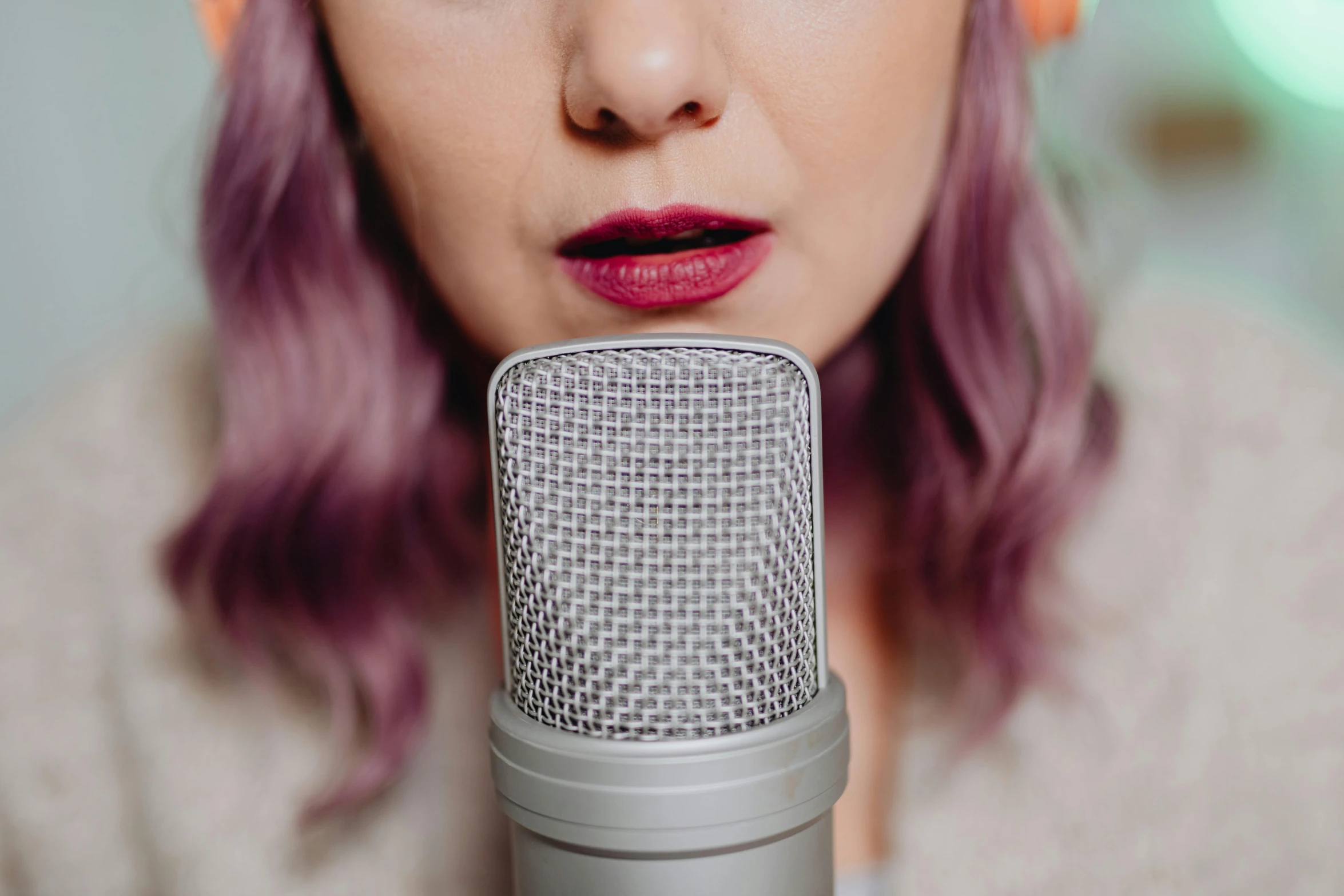 a close up of a person with a microphone, purple, avatar image, aesthetics, female gigachad