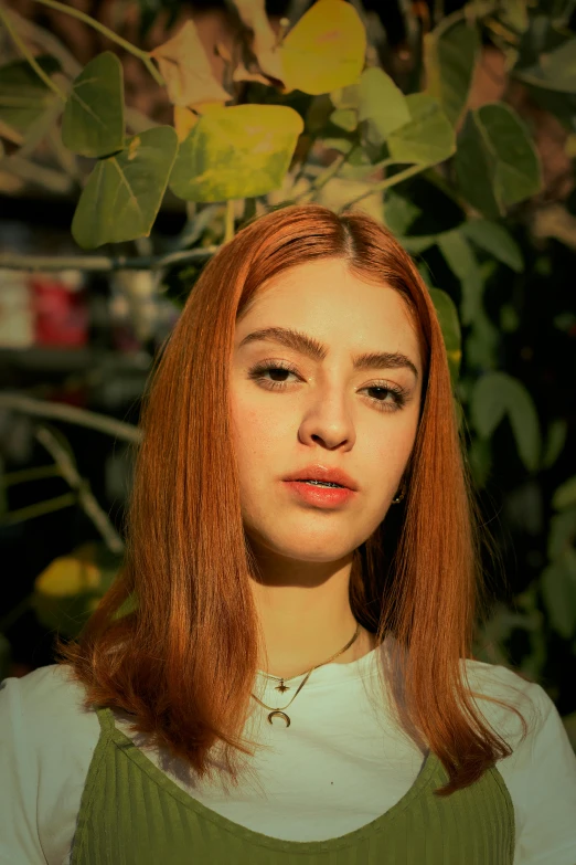 a woman with red hair standing in front of a tree, an album cover, inspired by Elsa Bleda, trending on pexels, beautiful iranian woman, headshot profile picture, indoor picture, 1 6 years old