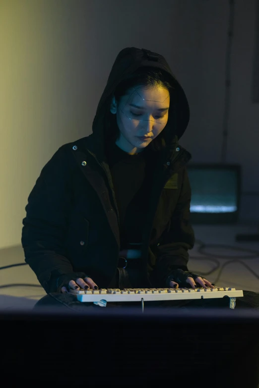 a woman sitting in front of a computer keyboard, an album cover, inspired by Ai-Mitsu, unsplash, wearing space techwear, live performance, teenage engineering moad, experimental studio light