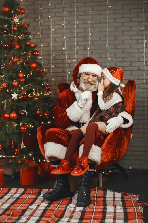 a man sitting in a chair next to a christmas tree, pexels contest winner, cute girls, santa, hugs, texture