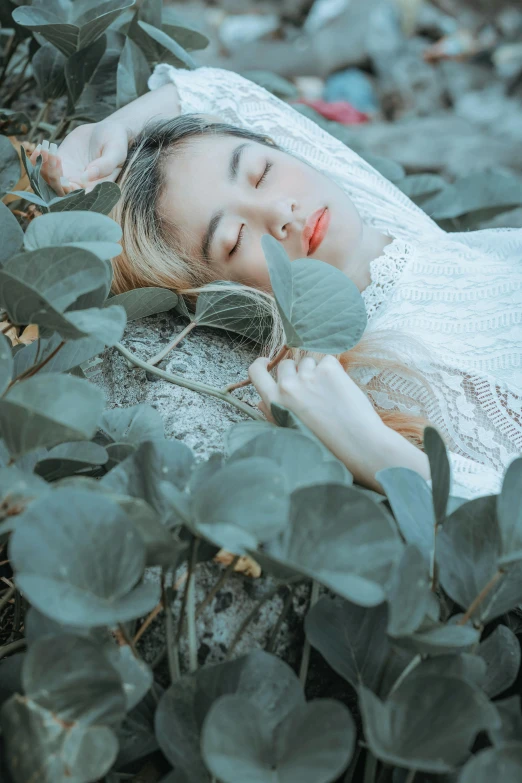 a woman laying on top of a pile of leaves, inspired by Elsa Bleda, unsplash contest winner, aestheticism, vietnamese woman, with soft bushes, sea - green and white clothes, lovely delicate face