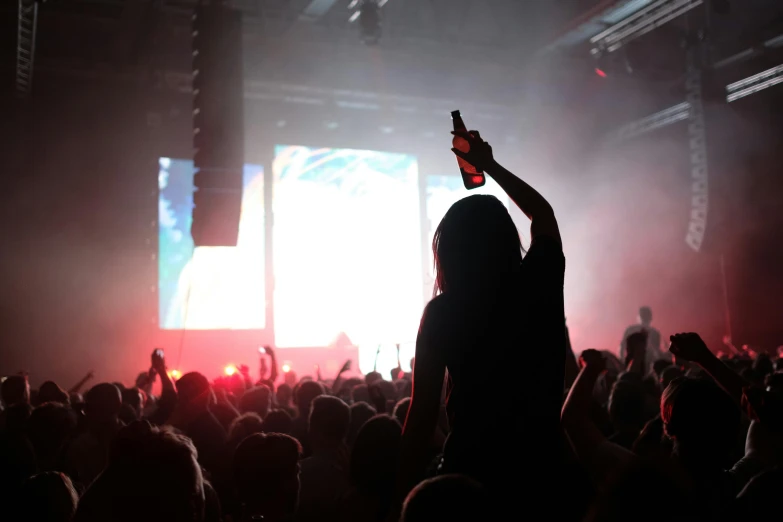 a person holding up a beer in front of a crowd, by Niko Henrichon, rave art, empty stage, woman silhouette, booze