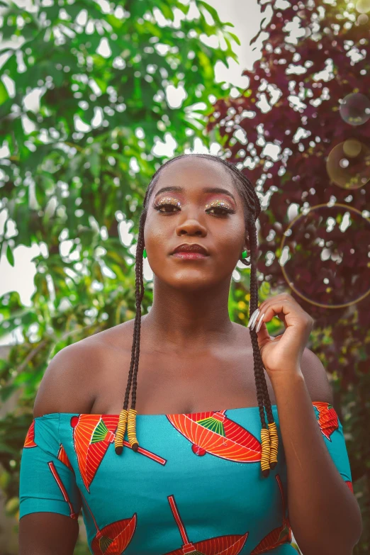 a woman with braids standing in front of a tree, an album cover, by Chinwe Chukwuogo-Roy, trending on pexels, handsome girl, multicoloured, eeri, sie boob