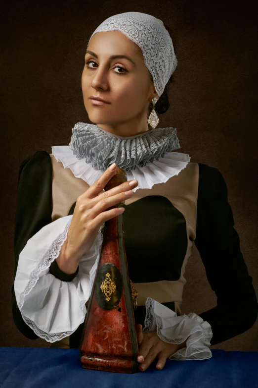 a woman holding a bottle on top of a table, a portrait, inspired by Pieter Codde, shutterstock contest winner, renaissance, russian clothes, studio photography portrait, holding a bagpipe, ((portrait))