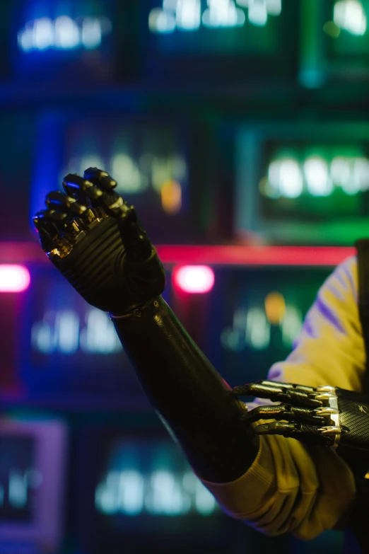 a close up of a person with a glove on, afrofuturism, standing in a starbase bar, prosthetic limbs, arms out, shot on sony a 7 iii
