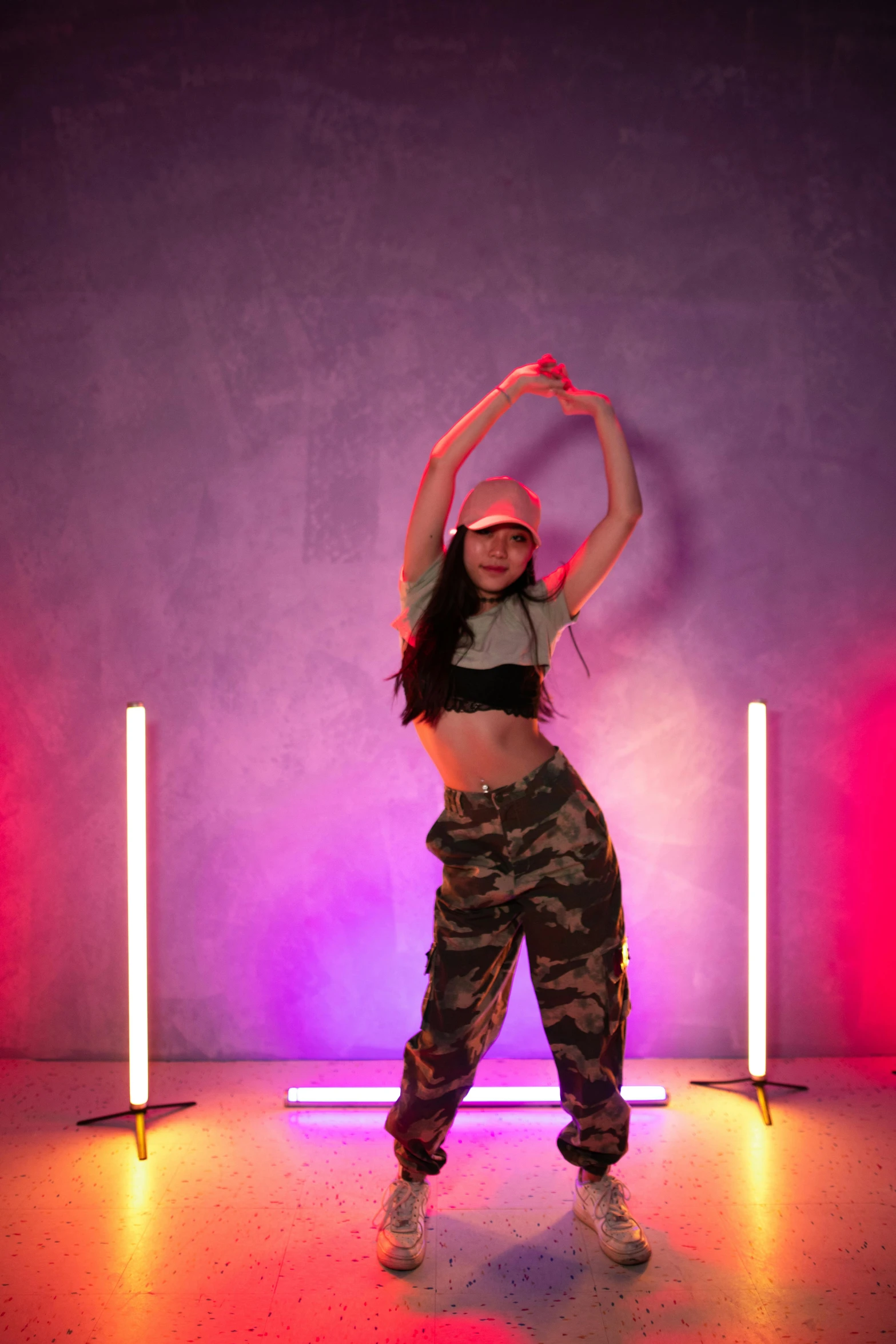 a woman dancing in front of neon lights, trending on pexels, holography, soft devil queen madison beer, studio ghibly style, rectangle, hip hop