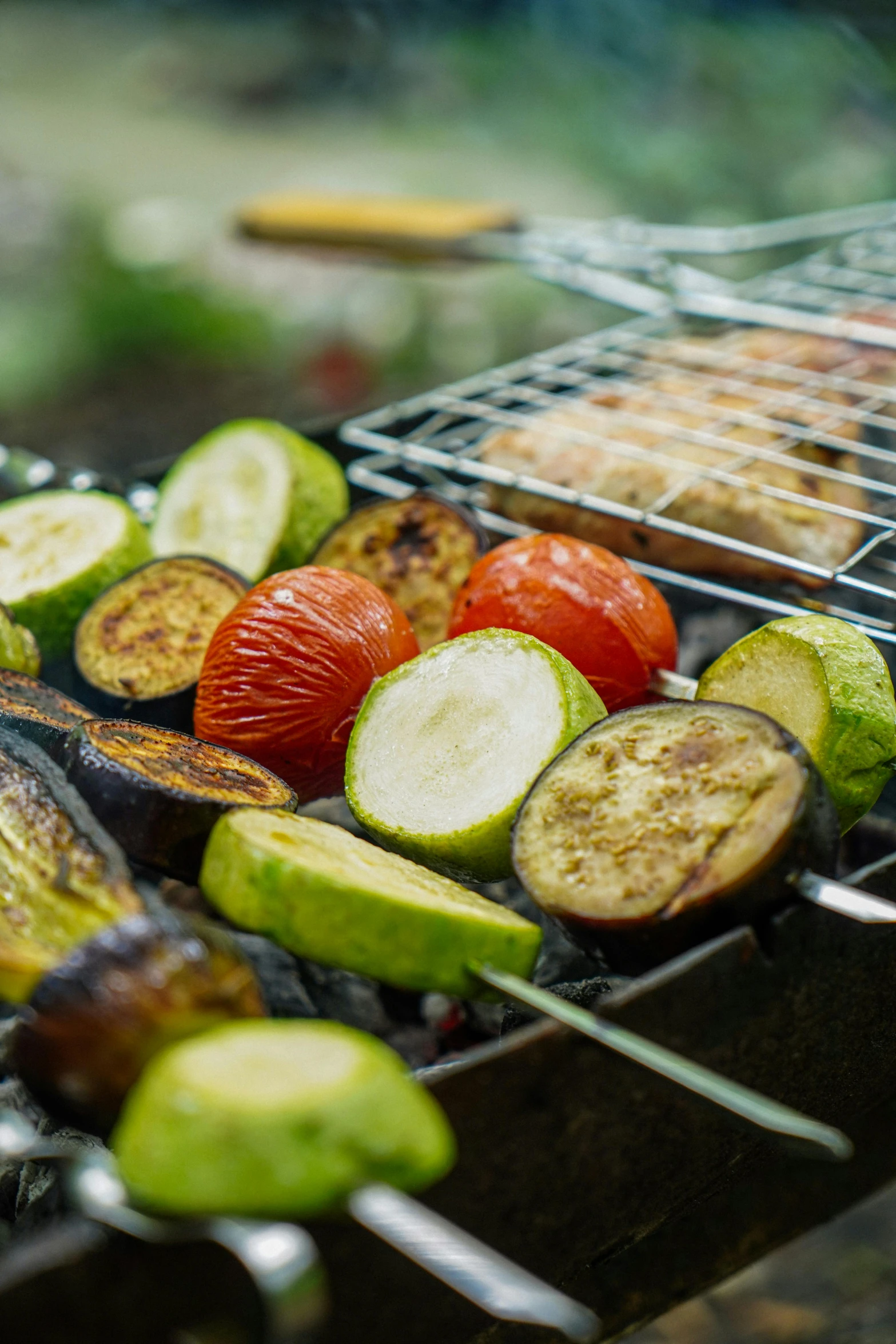 a close up of a grill with vegetables on it, renaissance, square, multicoloured, relaxing, ready to eat