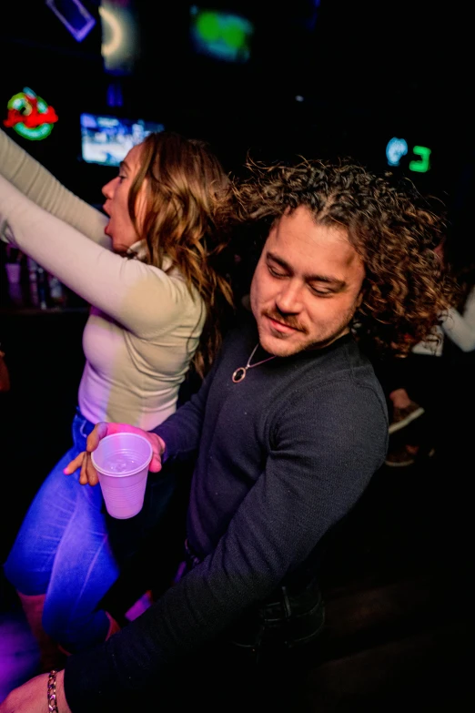 a man and a woman dancing at a party, trending on reddit, wavy hair spread out, chillin at the club together, profile image, pouring