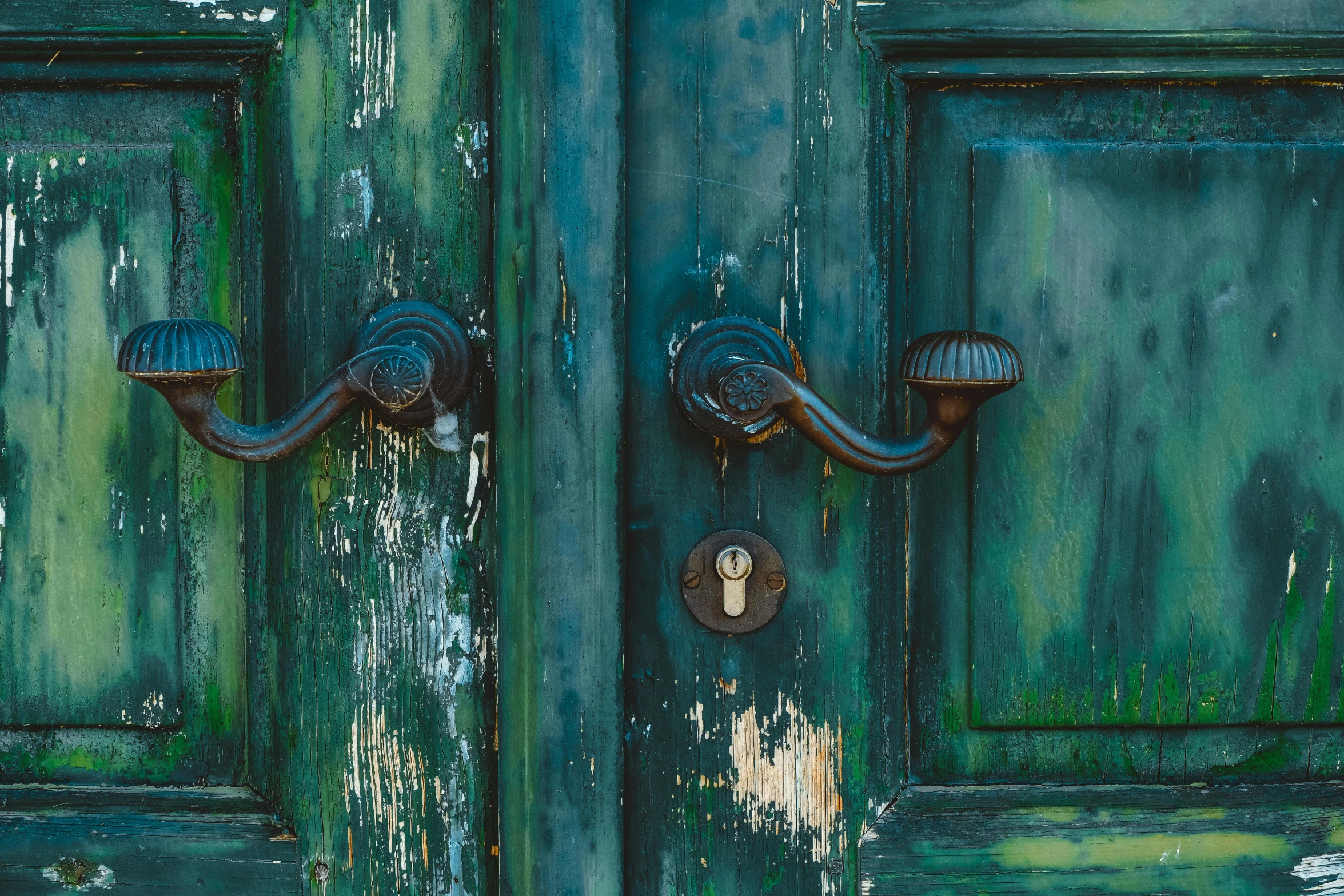 a close up of a door handle on a green door, pexels contest winner, dark teal, multiple layers, 3 doors, distressed