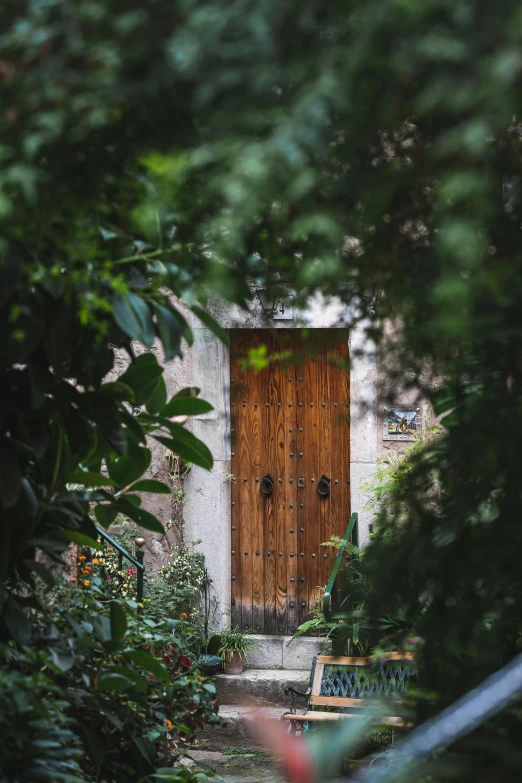 a wooden door sitting in the middle of a lush green forest, pexels contest winner, renaissance, gothic quarter, home and garden, conde nast traveler photo, sukkot