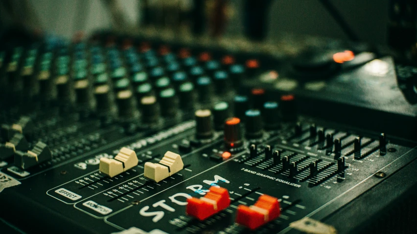 a close up of a sound board in a recording studio, by Matthias Stom, trending on pexels, analytical art, thumbnail, multiple stories, retro stylised, having a good time