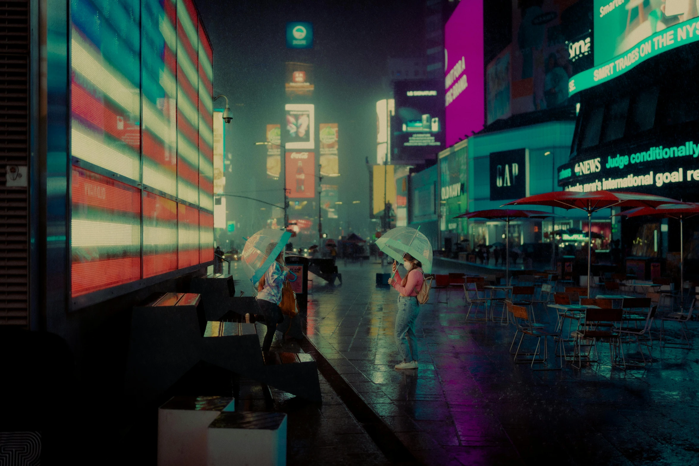 a city street filled with lots of tall buildings, cyberpunk art, inspired by Liam Wong, unsplash contest winner, people with umbrellas, standing in time square, beeple. octane render, 1980s photography