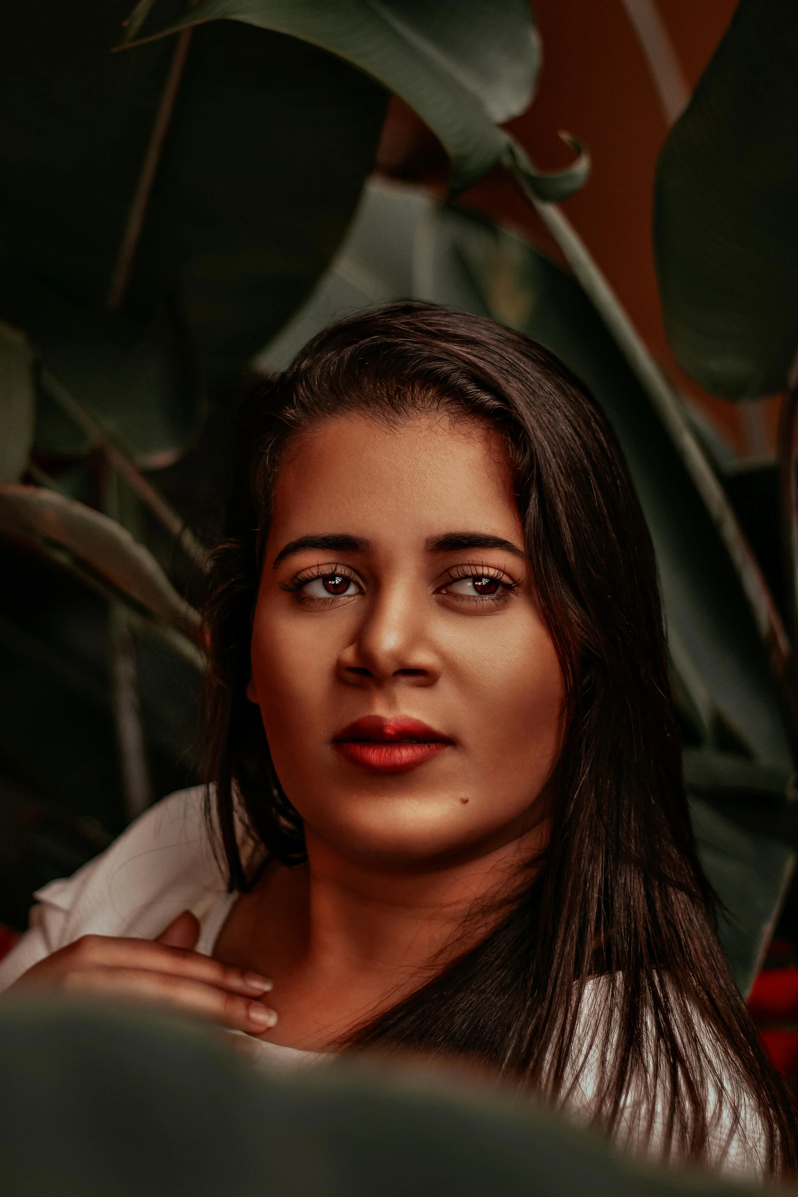 a woman sitting in a chair next to a plant, an album cover, by reyna rochin, pexels contest winner, close up face portrait, indian girl with brown skin, ((portrait)), photography portrait 4 k