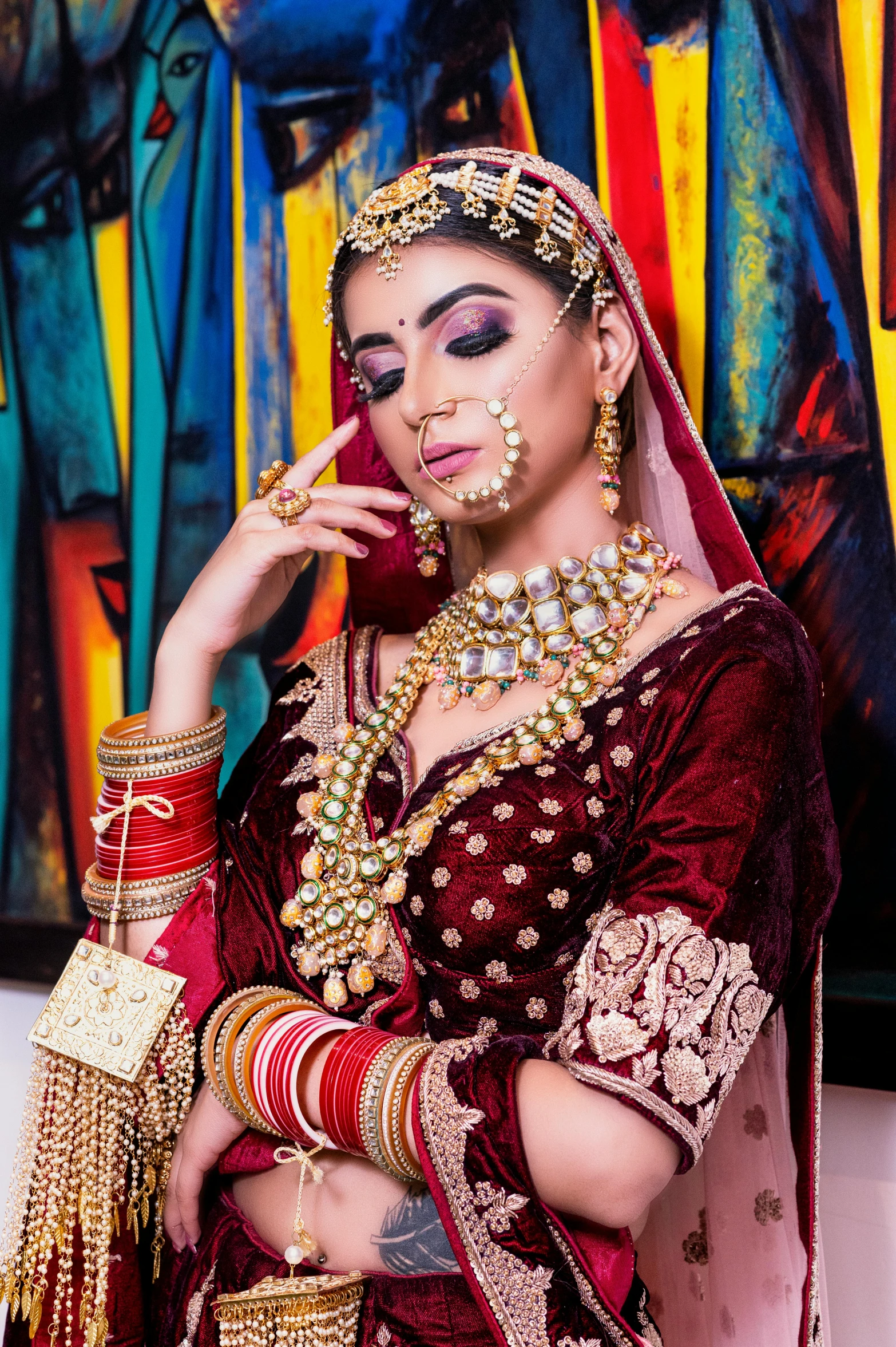 a woman dressed in a red and gold outfit, by Manjit Bawa, heavy makeup, thumbnail, jewelry, display”