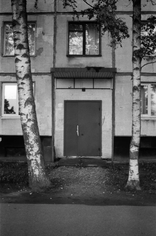 a black and white photo of a building with trees in front of it, a black and white photo, inspired by August Sander, flickr, bauhaus, about to enter doorframe, typical russian atmosphere, ffffound, 15081959 21121991 01012000 4k