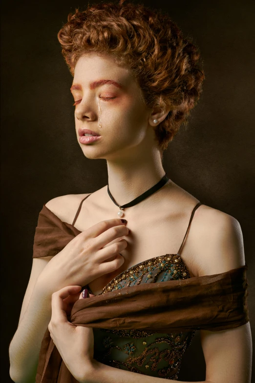 a woman with red hair wearing a brown dress, an oil painting, inspired by Odd Nerdrum, renaissance, photo of a hand jewellery model, blind, taken in the late 2010s, pale-skinned persian girl