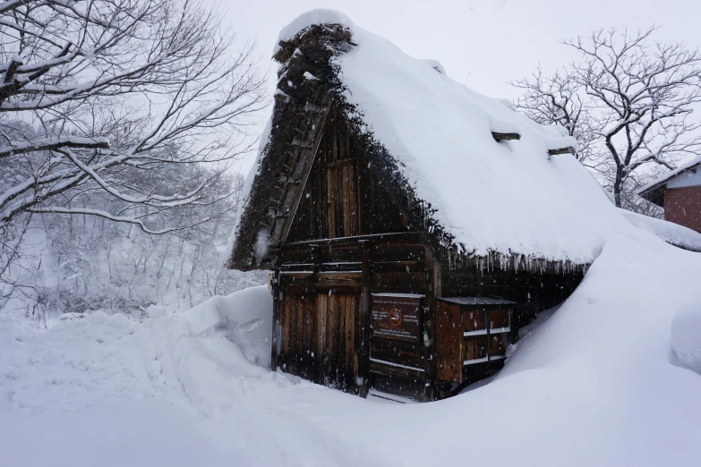 a house with a thatched roof covered in snow, pexels contest winner, shin hanga, in karuizawa, old cabin, slide show, gray