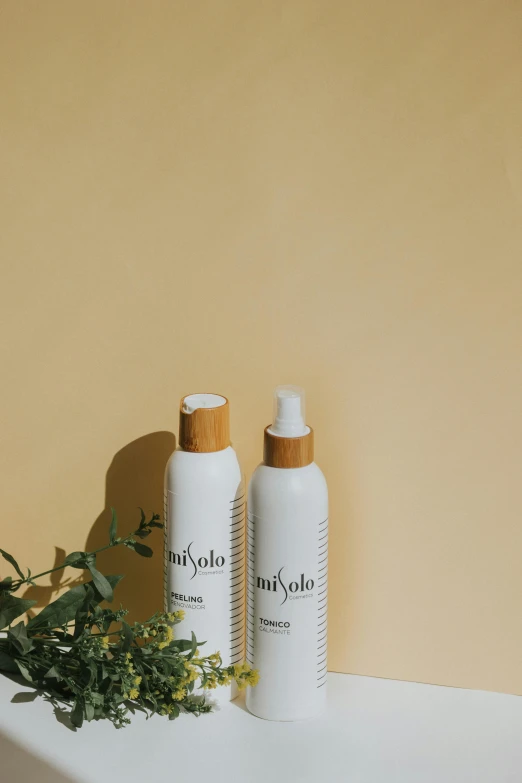 two bottles of body lotion sitting on a shelf, by Olivia Peguero, unsplash, lyco art, next to a plant, full view blank background, hyaku. detailed, fan favorite