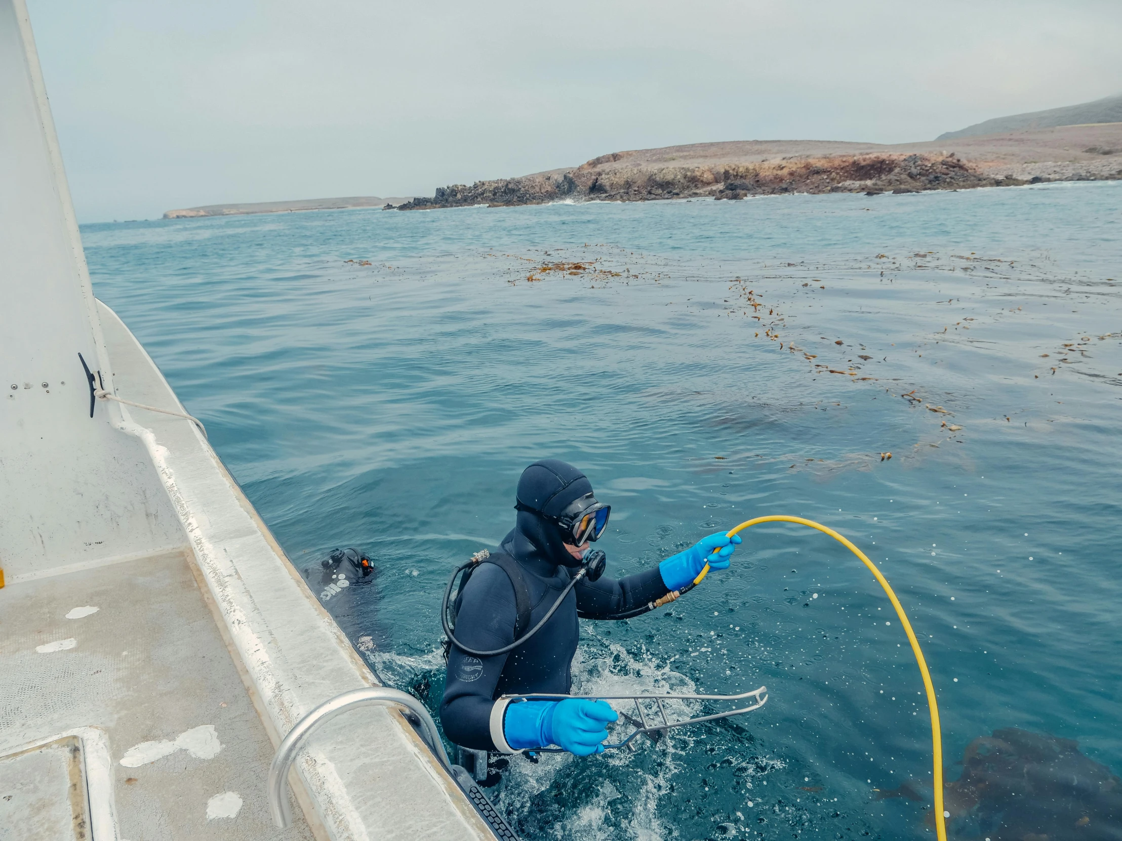 a person on a boat in the water, kelp, grey rubber undersuit, plating, technical suit