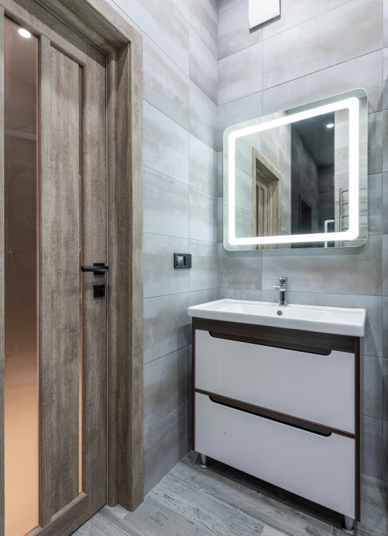 a bathroom with a sink and a mirror, by Alessandro Allori, light and space, high quality details, panels, led, toilet