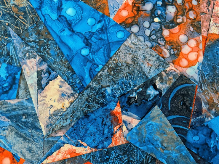 a close up of a blue and orange patchwork quilt, an abstract painting, geometric abstract art, blue marble, hd mixed media 3d collage, intricate triangular designs, “ iron bark