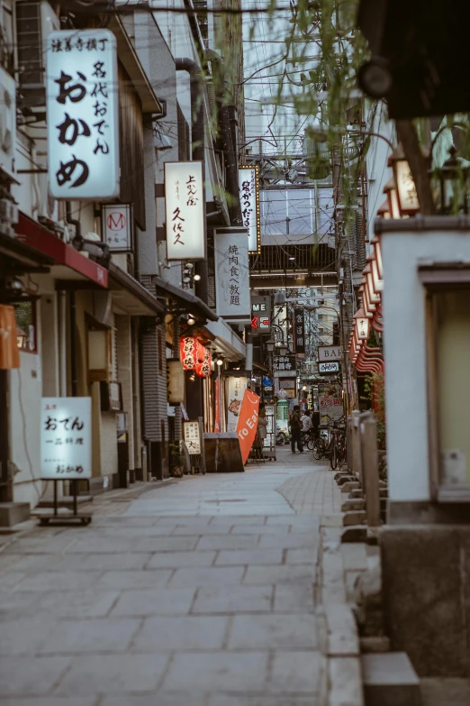 a street filled with lots of signs next to tall buildings, unsplash contest winner, ukiyo-e, old town, low quality photo, shady alleys, warm street lights store front