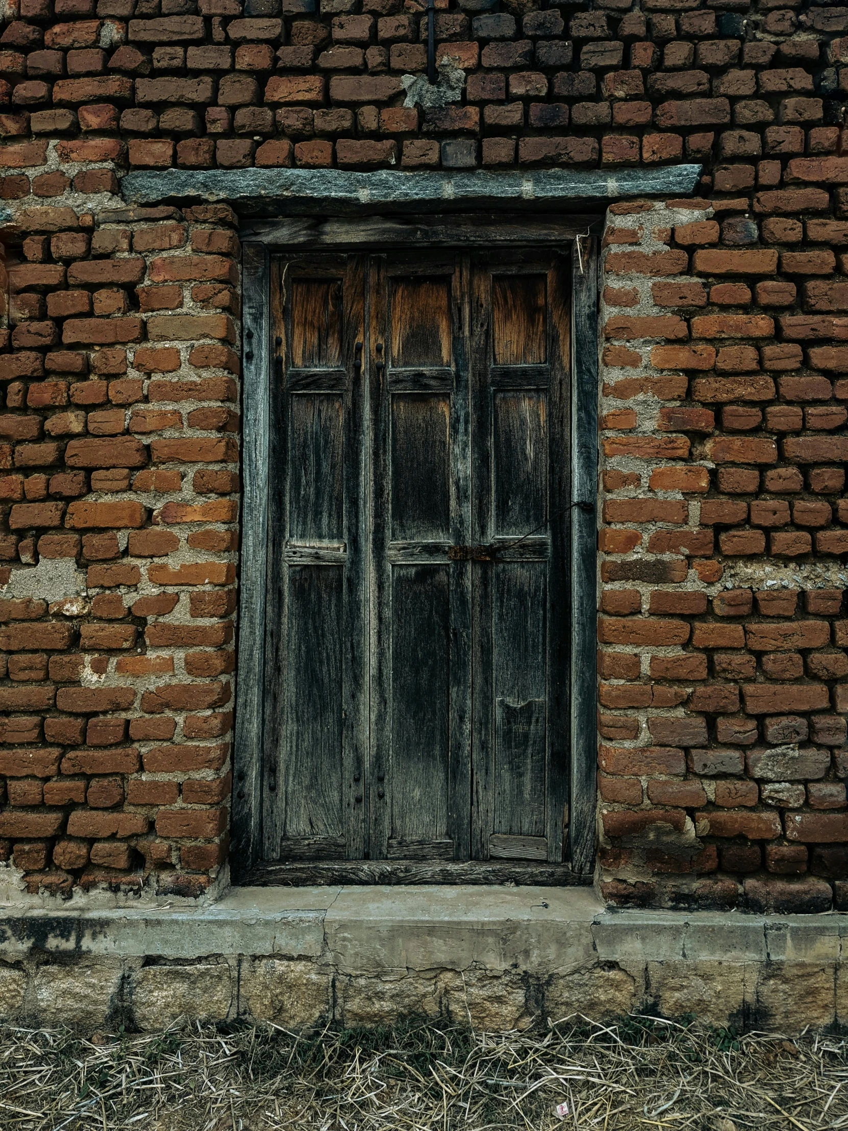 a red fire hydrant sitting in front of a brick building, an album cover, by Jan Tengnagel, pexels contest winner, renaissance, wood door, grungy gothic, brown, alessio albi