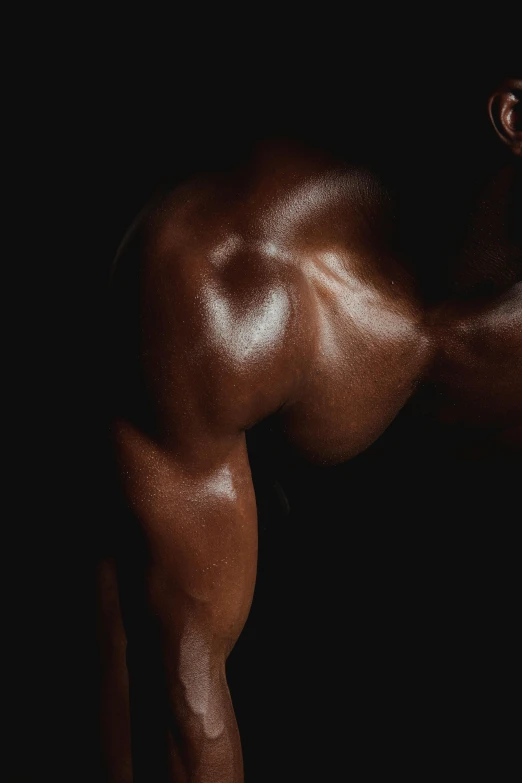 a man holding a tennis racquet on top of a tennis court, an album cover, inspired by Robert Mapplethorpe, hyperrealism, rear side portrait of a muscular, ( ( dark skin ) ), marked muscles, davide sorrenti