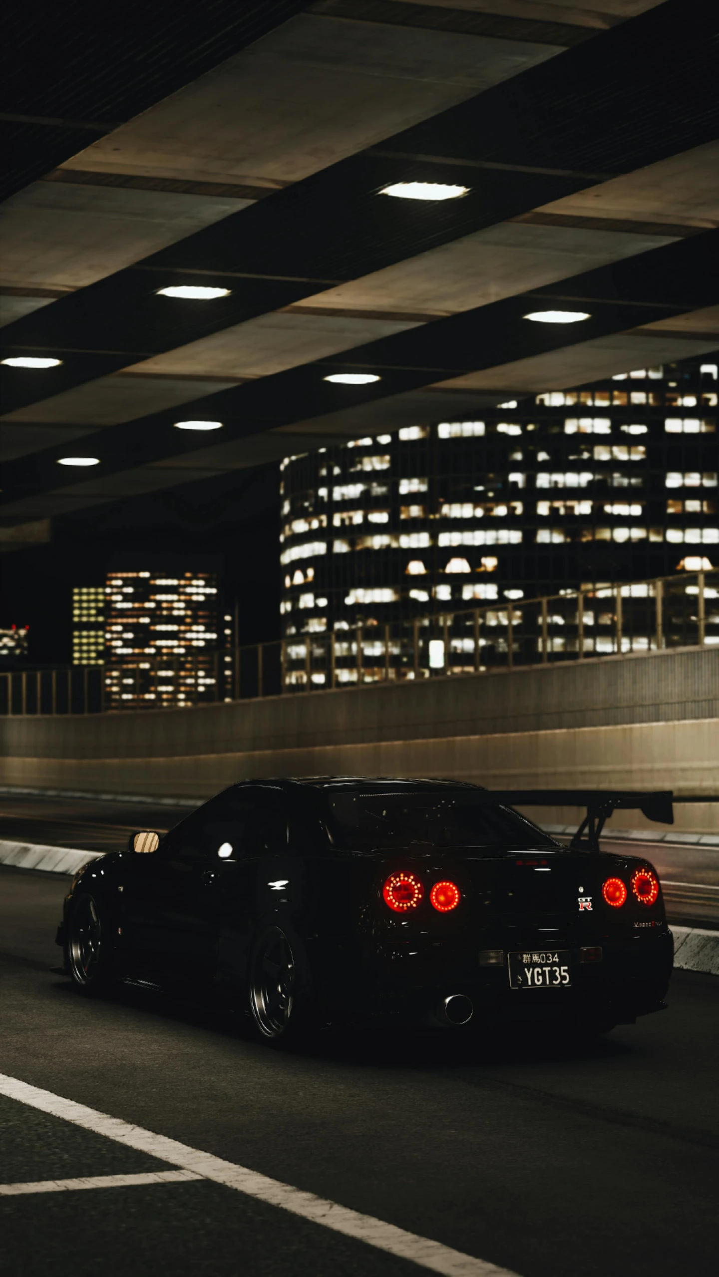 a car driving down a city street at night, an album cover, by Adam Rex, unsplash contest winner, hypermodernism, nissan gtr r 3 4, set inside of parking garage, japanese, black on black