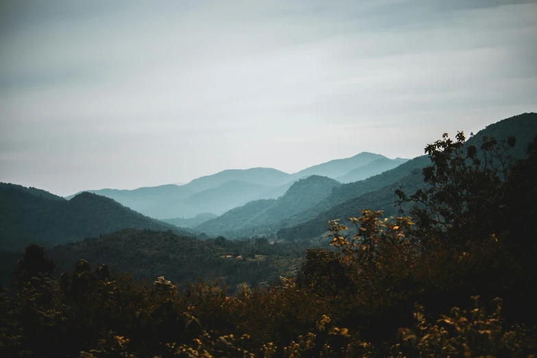 a view of the mountains from the top of a hill, by Carey Morris, unsplash contest winner, visual art, 2 5 6 x 2 5 6 pixels, appalachian mountains, muted colours 8 k, multiple stories