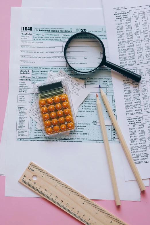 a calculator, pencils, and a magnifying glass on top of a tax form, a cartoon, trending on unsplash, thumbnail, snacks, lulu chen, model