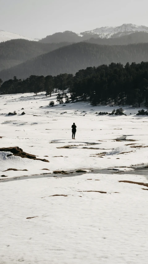 a person walking across a snow covered field, by Alexis Grimou, unsplash contest winner, in an icy river, black, overlooking, isolate