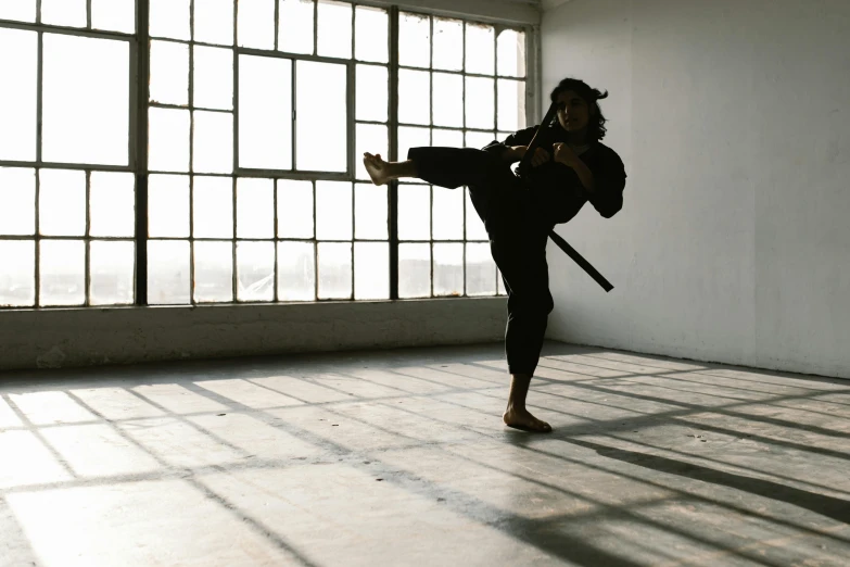 a woman doing a kick in front of a window, inspired by Kanō Hōgai, pexels contest winner, in a dojo, manuka, black, man standing in defensive pose