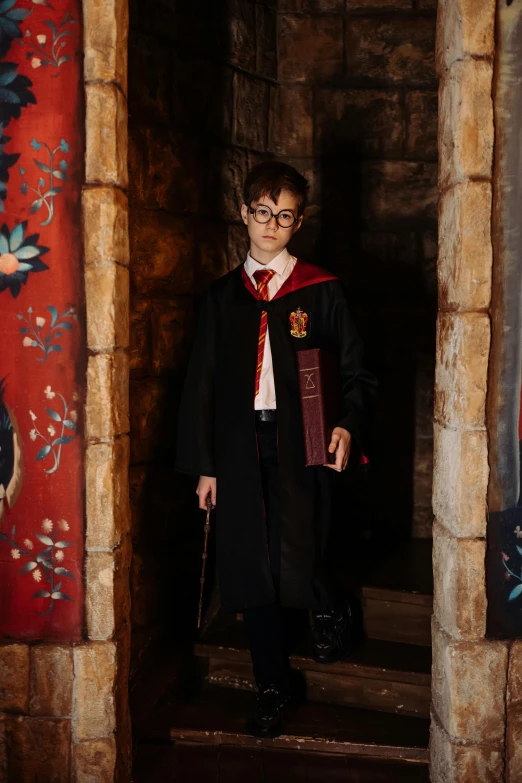 a young boy dressed in a harry potter costume, a portrait, pexels contest winner, happening, hallways, ( ( theatrical ) ), embroidered robes, backdrop