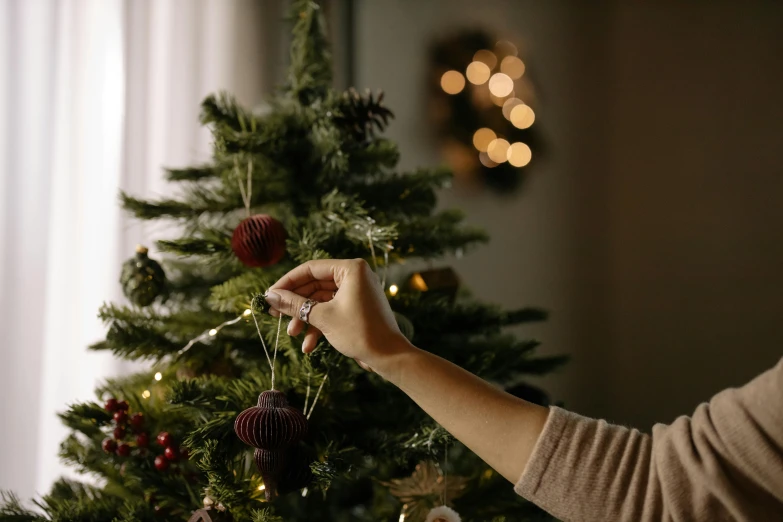 a woman decorating a christmas tree with ornaments, pexels, realism, dark and realistic, evening lighting, shot on sony a 7, tissue ornament