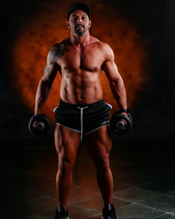 a shirtless man holding a pair of dumbbells, by Kristian Zahrtmann, pexels contest winner, mannerism, full body picture, very muscly, outfit photo, no duplicate image