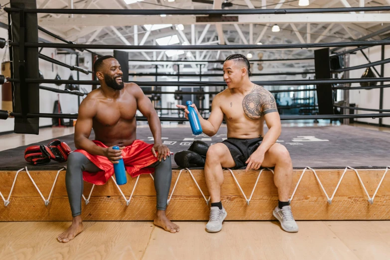 two men sitting next to each other in a boxing ring, pexels contest winner, transhumanist hydration, athletic crossfit build, damien tran, profile image