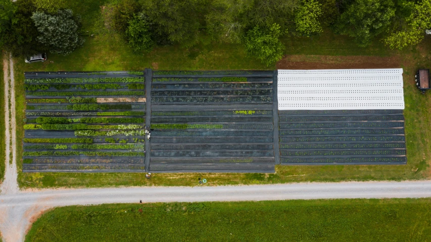 an aerial view of a farm with rows of crops, an album cover, by Dan Frazier, unsplash, land art, black, outdoor art installation, roof with vegetation, maintenance photo