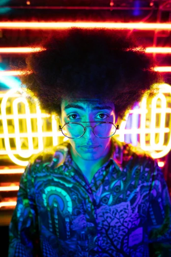 a man with an afro standing in front of neon lights, unibrow, avatar for website, ashteroth, high school