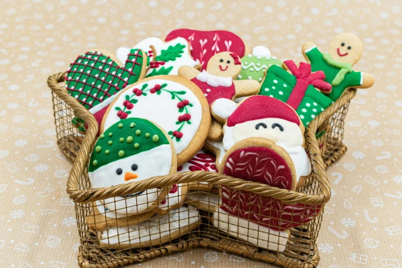 a basket filled with christmas cookies on top of a table, full product shot, adorable design, large eddies, multicoloured