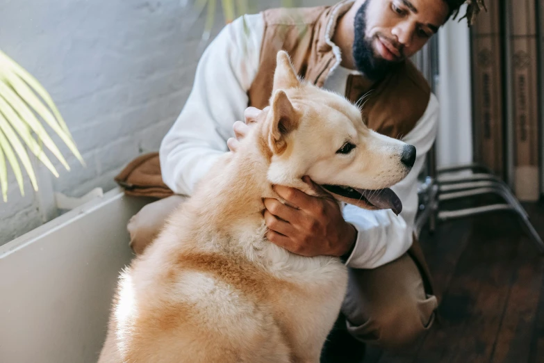 a man sitting next to a brown and white dog, trending on pexels, two men hugging, manuka, riyahd cassiem, local conspirologist