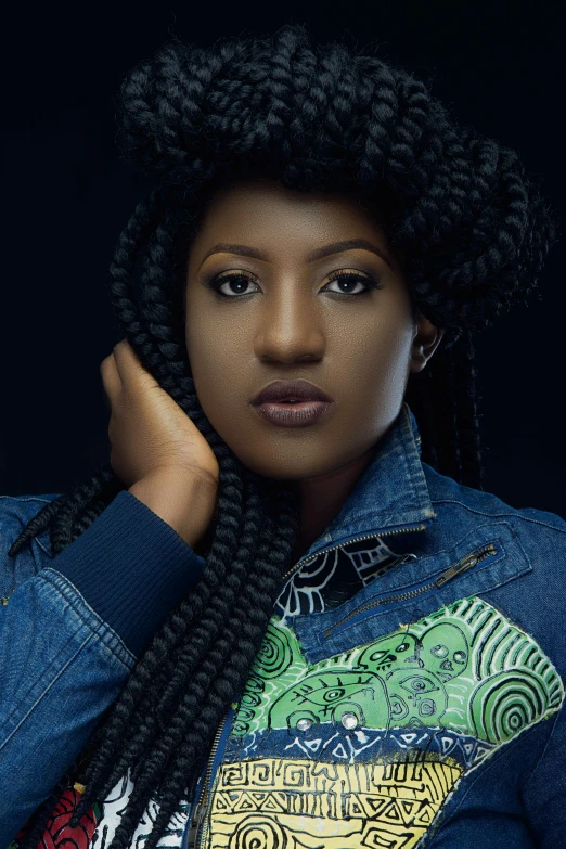 a woman wearing a denim jacket and braids, an album cover, by Chinwe Chukwuogo-Roy, trending on pexels, square, looking threatening, pr shoot, jacqueline e