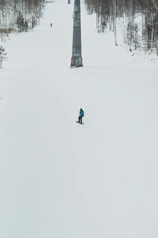 a person riding a snowboard down a snow covered slope, from the distance, opposite the lift-shaft, taiga, !!!! very coherent!!!!