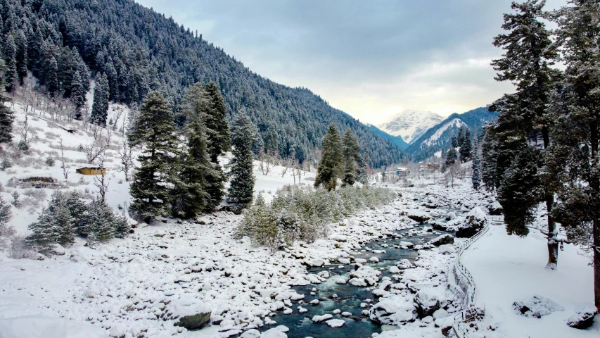 a river running through a snow covered forest, an album cover, by Marshall Arisman, pexels contest winner, hurufiyya, desi, valley, panoramic shot, at instagram