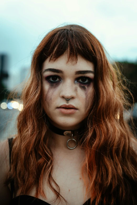 a woman with blood all over her face, inspired by Elsa Bleda, trending on pexels, renaissance, center parted bangs, teenage grunge punk rock, ginger hair, joey king