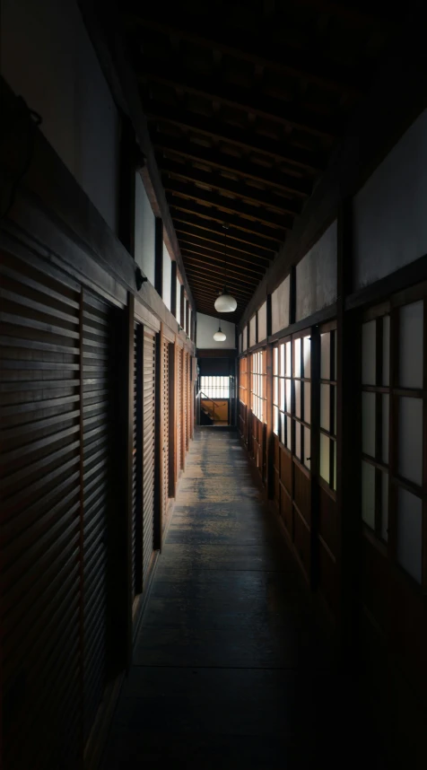 a long hallway in a building with shutters open, inspired by Watanabe Shōtei, unsplash contest winner, shin hanga, color image, old house, a high angle shot, 15081959 21121991 01012000 4k