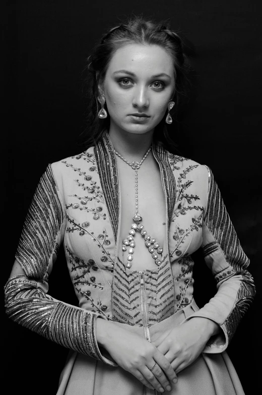 a black and white photo of a woman in a dress, sansa, wearing a fancy jacket, ((intricate)), seventies era