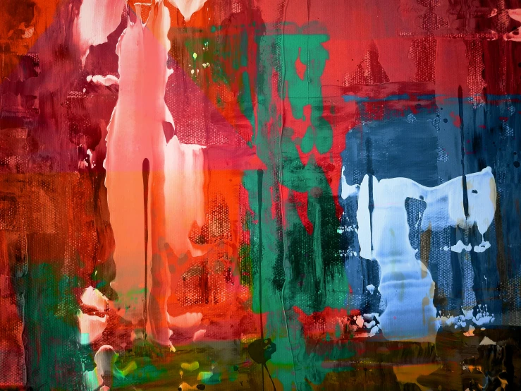 a painting of a woman holding an umbrella, an abstract painting, inspired by Richter, unsplash, abstract expressionism, red green, digital art - n 9, lacquered, multi - coloured