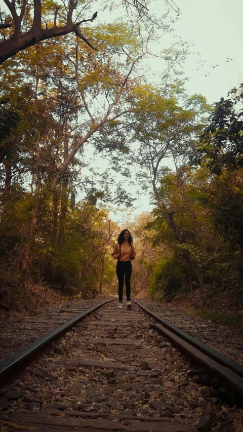 a person standing on a train track in the middle of the woods, an album cover, by Lucia Peka, pexels contest winner, sumatraism, colombian jungle, 268435456k film, full body image, a single